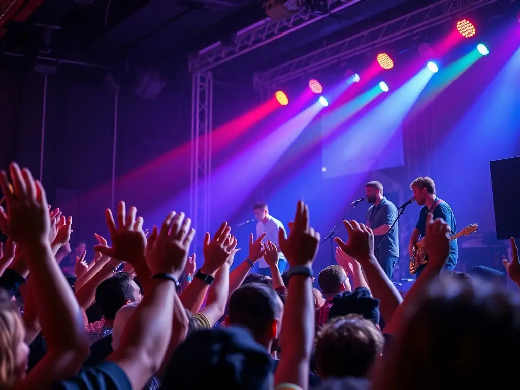 A dynamic photograph capturing a live music performance organized by ASSOCIATION RIFF, showcasing artists on stage and an enthusiastic audience, highlighting the organization's support for live music.