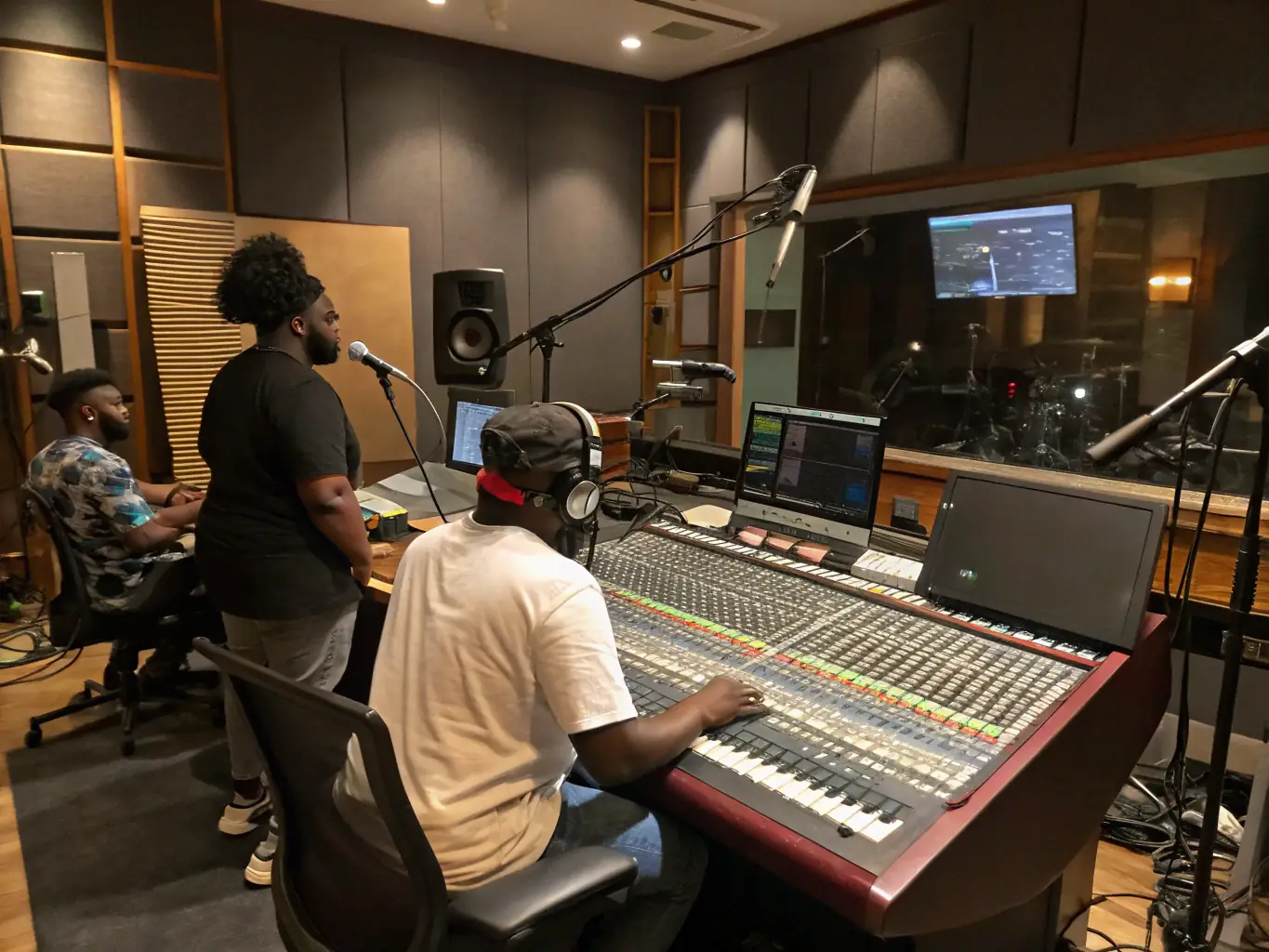 An image showing a group of artists collaborating in a recording studio, symbolizing ASSOCIATION RIFF's commitment to supporting artists in their creative endeavors and promoting their work.